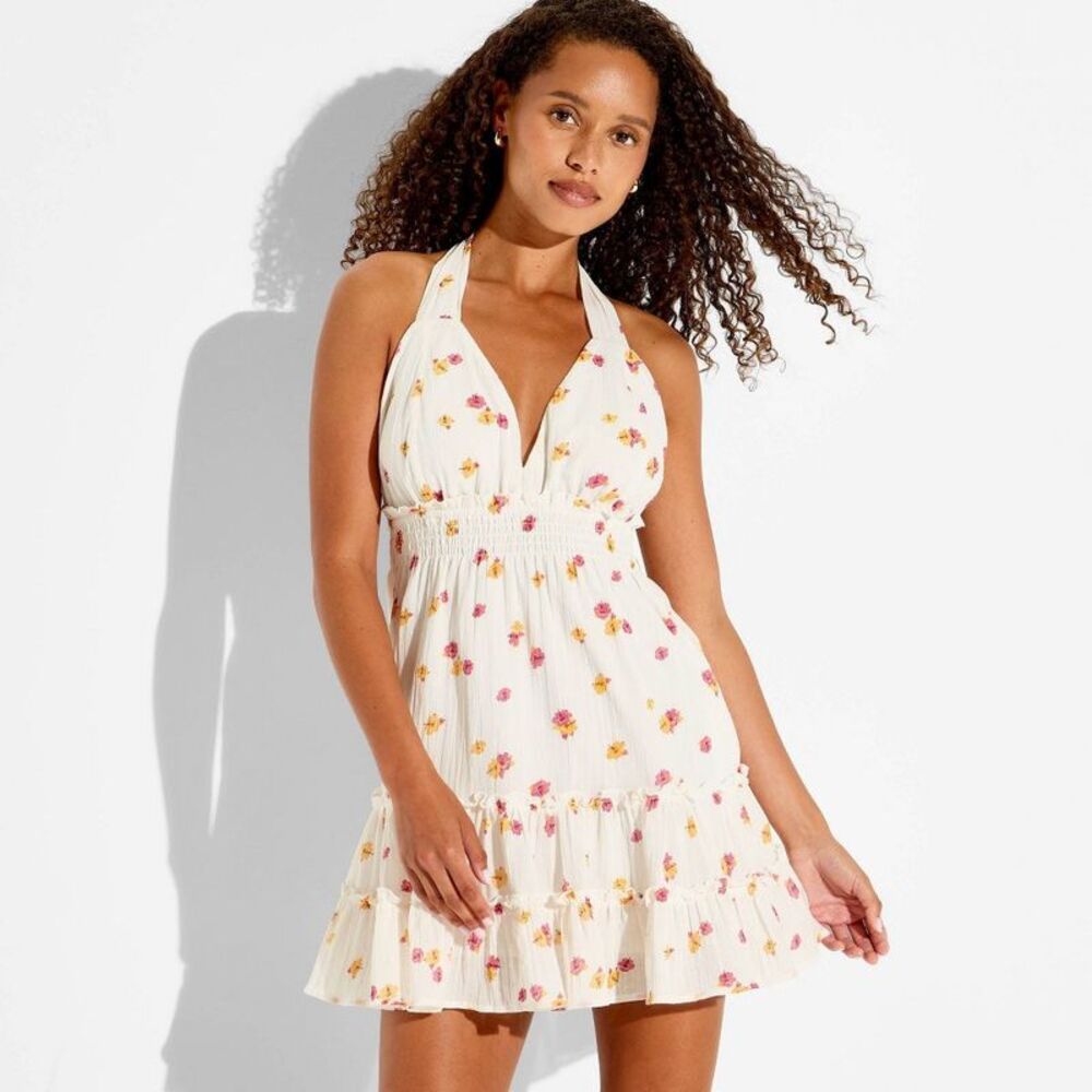 Women's Gauze Halter Mini Babydoll Dress - Wild Fable Cream Floral XXS